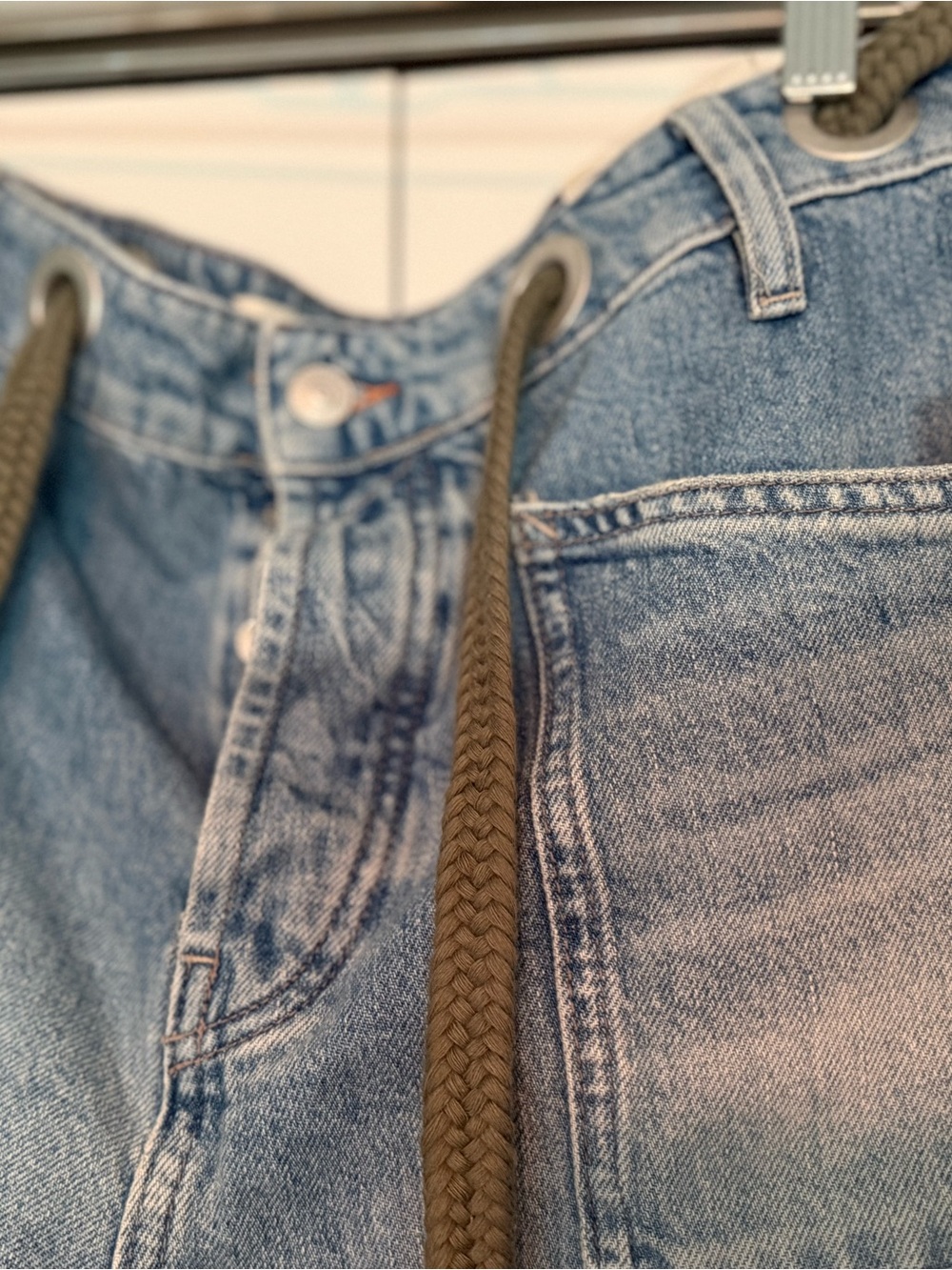 Free People MOXIE Light Blue Denim Jean Shorts with Olive Drawstring - Picture 3 of 8